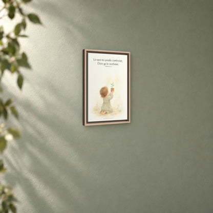 Dios cuida lo que yo no puedo controlar | Decoración de fe para pared | Filipenses 4:6 — 12×18 pulgadas, marco natural, vista angular ambiental del marco flotante, escala física calibrada