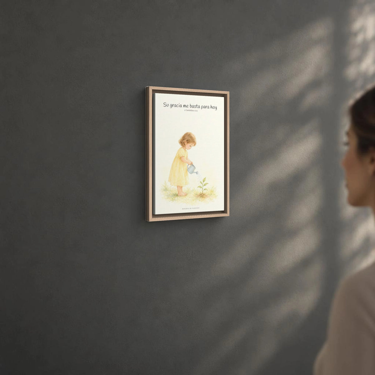 Su gracia me basta para hoy | Decoración de fe para pared | 2 Corintios 12:9 — 12×18 pulgadas, marco natural, vista angular ambiental del marco flotante, escala física calibrada