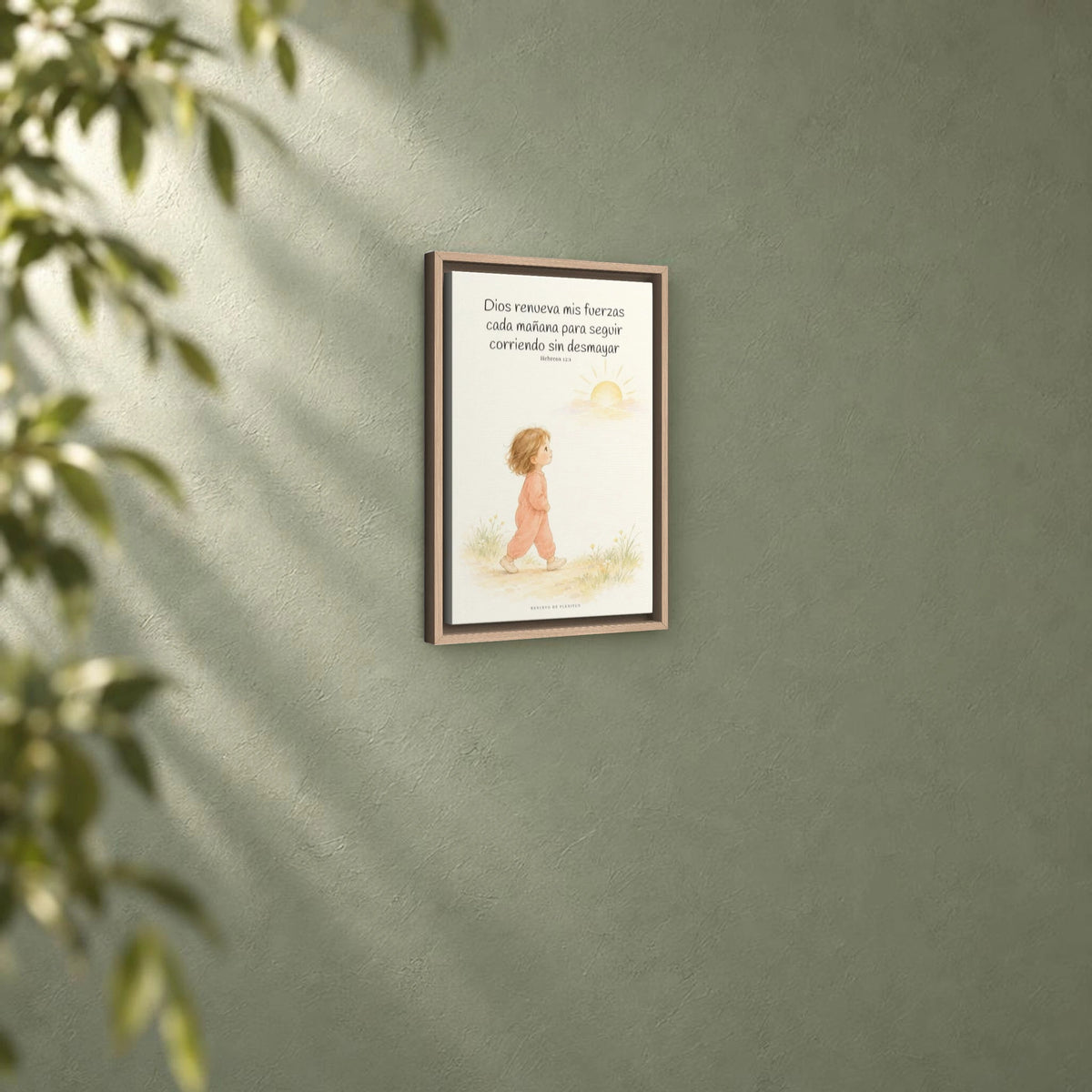 Dios me da nuevas fuerzas cada mañana | Decoración de fe para pared | Hebreos 12:1 — 12×18 pulgadas, marco natural, vista angular ambiental del marco flotante, escala física calibrada