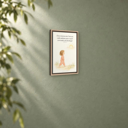Dios me da nuevas fuerzas cada mañana | Decoración de fe para pared | Hebreos 12:1 — 12×18 pulgadas, marco natural, vista angular ambiental del marco flotante, escala física calibrada