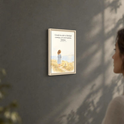 Grande ha sido tu fidelidad, Señor — Lienzo Cristiano Enmarcado | Lamentaciones 3:22-23 — 12×18 pulgadas, marco natural, vista angular ambiental del marco flotante, escala física calibrada