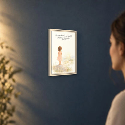 Dios no miente: sus promesas siempre se cumplen — Lienzo Cristiano Enmarcado | Números 23:19 — 12×18 pulgadas, marco natural, vista angular ambiental del marco flotante, escala física calibrada