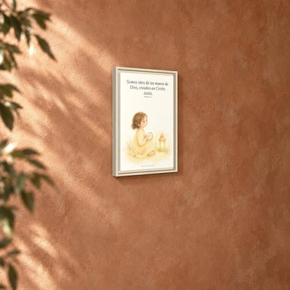 Somos obra de las manos de Dios — Lienzo Cristiano Enmarcado | Efesios 2:10 — 12×18 pulgadas, marco natural, vista angular ambiental del marco flotante, escala física calibrada