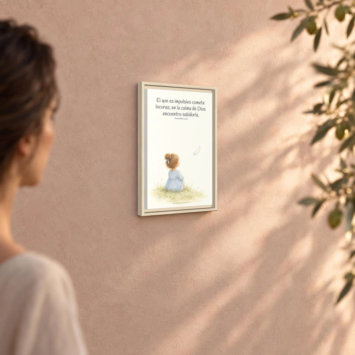 La prisa del corazón no agrada a Dios | Decoración cristiana enmarcada | Proverbios 14:29 — 12×18 pulgadas, marco natural, vista angular ambiental del marco flotante, escala física calibrada