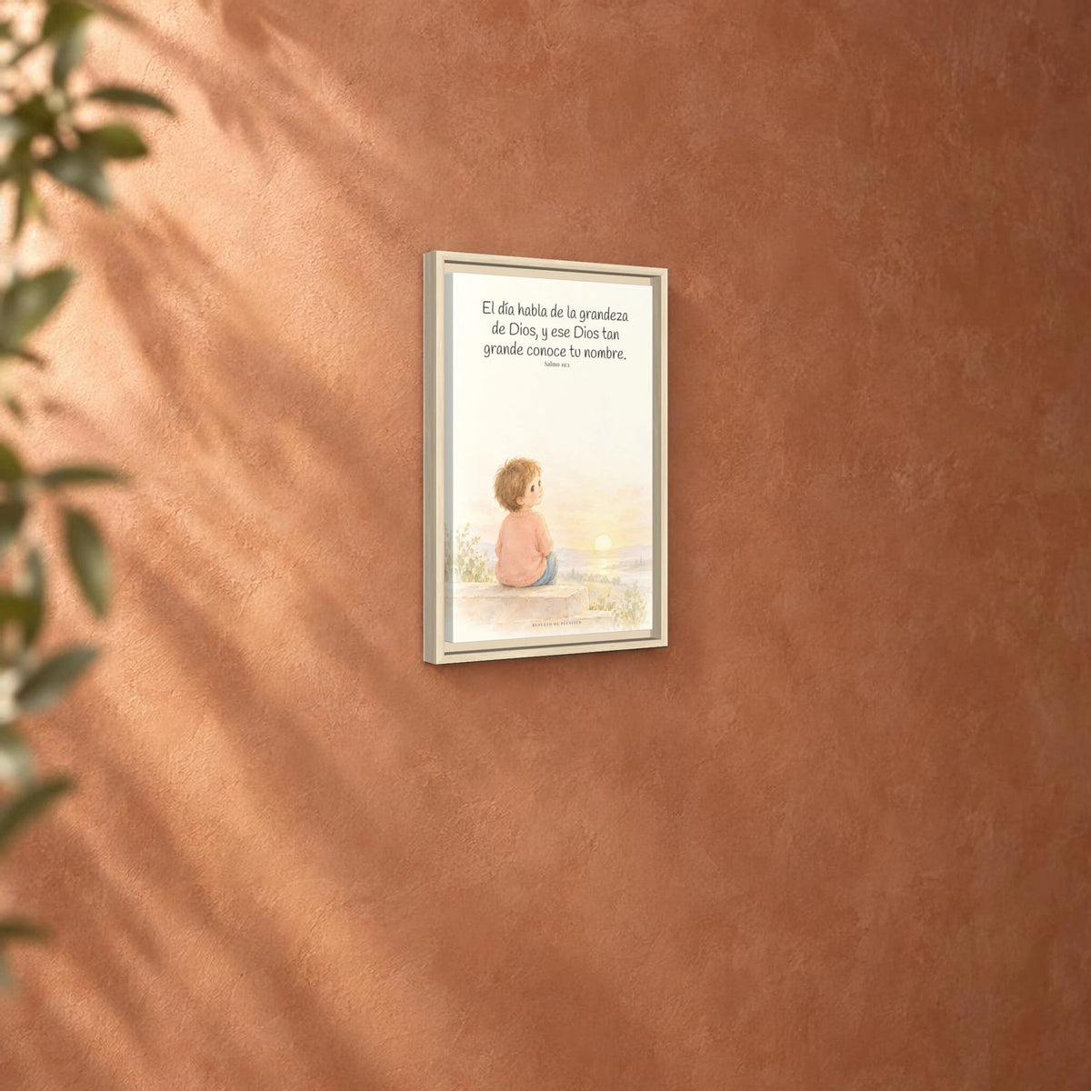 El día habla de la grandeza de Dios | Lienzo cristiano decorativo | Salmo 19:1 — 12×18 pulgadas, marco natural, vista angular ambiental del marco flotante, escala física calibrada
