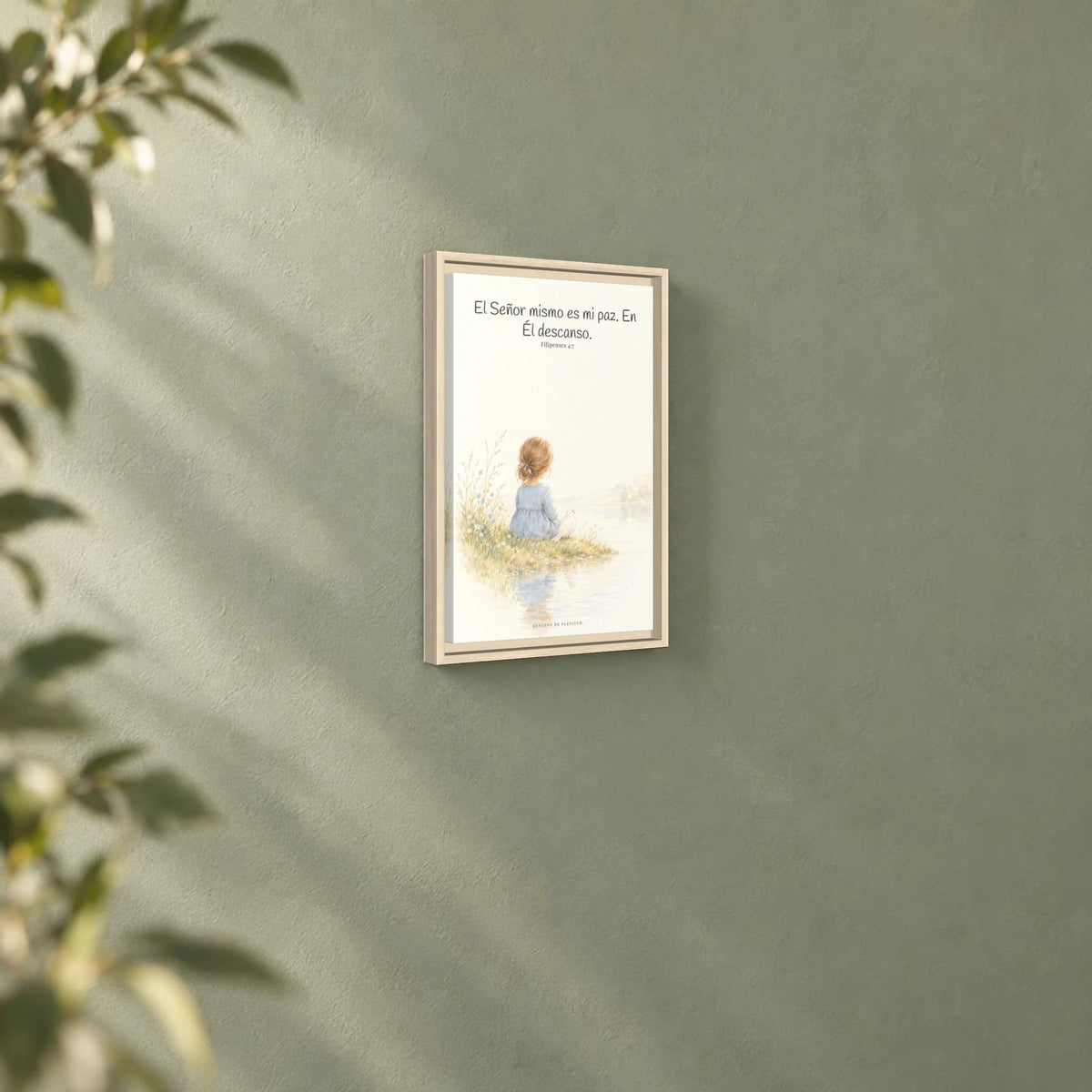 El Señor mismo es mi paz — Lienzo Cristiano Enmarcado | Filipenses 4:7 — 12×18 pulgadas, marco natural, vista angular ambiental del marco flotante, escala física calibrada