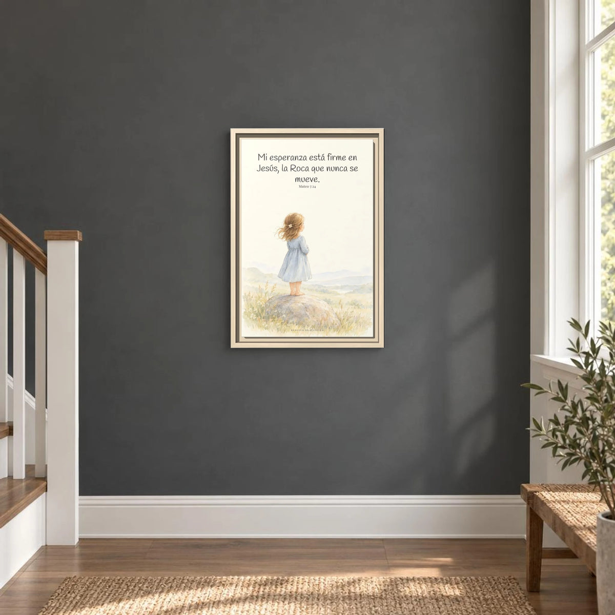 Mi esperanza está firme en Jesús — Lienzo Cristiano Enmarcado | Mateo 7:24 — 12×18 pulgadas, marco natural, vista frontal ambiental, escala física calibrada