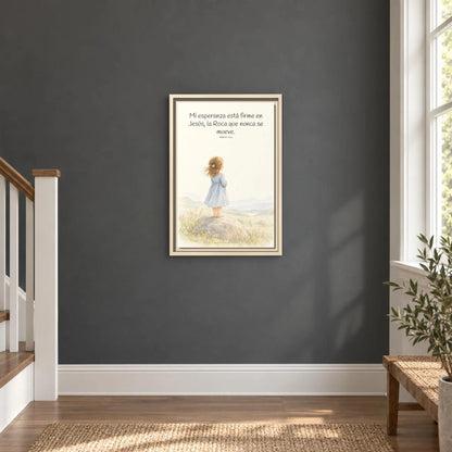 Mi esperanza está firme en Jesús — Lienzo Cristiano Enmarcado | Mateo 7:24 — 12×18 pulgadas, marco natural, vista frontal ambiental, escala física calibrada