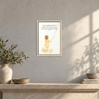 Con cuerdas de amor te atraje a mí — Lienzo Cristiano Enmarcado | Jeremías 31:3 — 12×18 pulgadas, marco natural, vista frontal ambiental, escala física calibrada