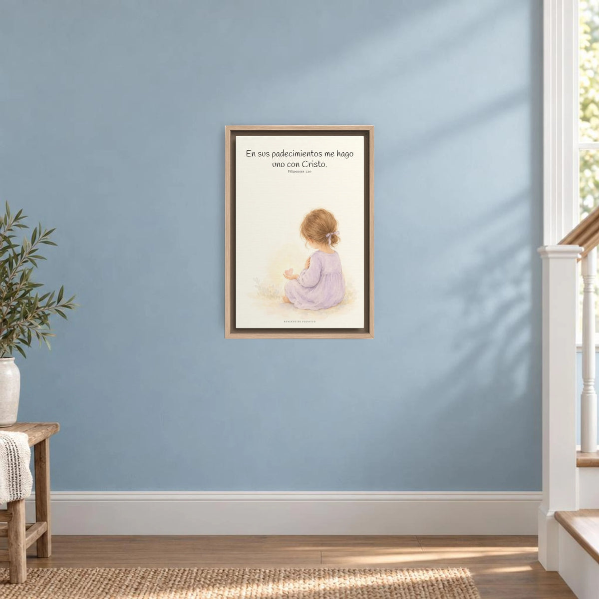 Participar de sus padecimientos me acerca a Él | Arte bíblico para pared | Filipenses 3:10 — 12×18 pulgadas, marco natural, vista frontal ambiental, escala física calibrada
