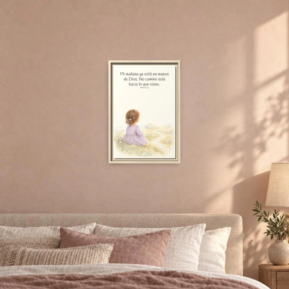 El Señor cuida del día que todavía no llega | Arte bíblico para pared | Mateo 6:34 — 12×18 pulgadas, marco natural, vista frontal ambiental, escala física calibrada
