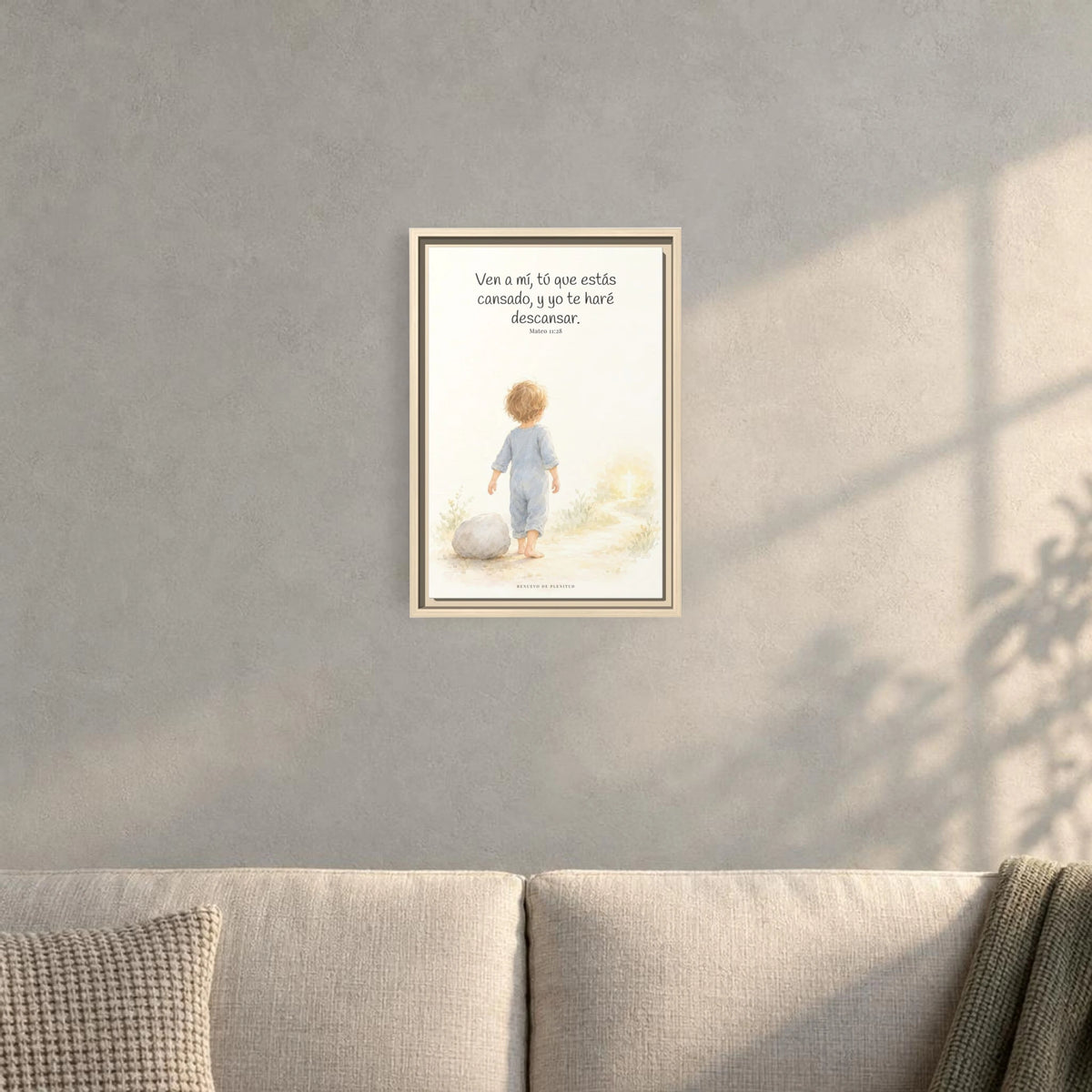Ven a mí y yo te haré descansar — Lienzo Cristiano Enmarcado | Mateo 11:28 — 12×18 pulgadas, marco natural, vista frontal ambiental, escala física calibrada