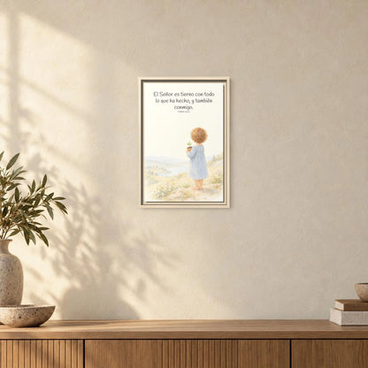 El Señor es tierno con todo lo que ha hecho | Cuadro de inspiración bíblica | Salmo 145:9 — 12×18 pulgadas, marco natural, vista frontal ambiental, escala física calibrada