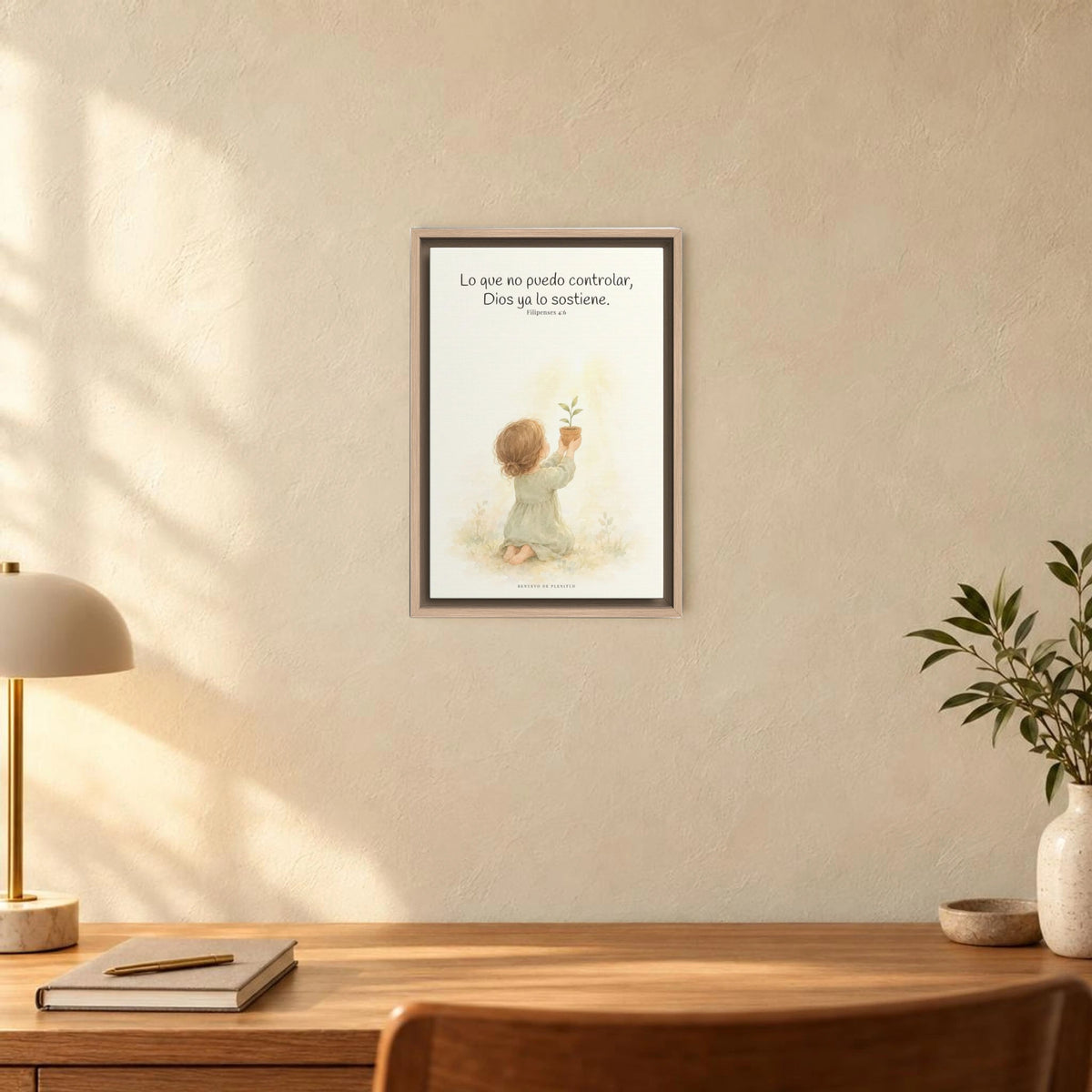 Dios cuida lo que yo no puedo controlar | Decoración de fe para pared | Filipenses 4:6 — 12×18 pulgadas, marco natural, vista frontal ambiental, escala física calibrada