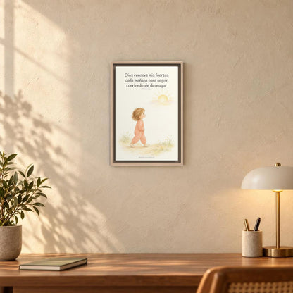 Dios me da nuevas fuerzas cada mañana | Decoración de fe para pared | Hebreos 12:1 — 12×18 pulgadas, marco natural, vista frontal ambiental, escala física calibrada