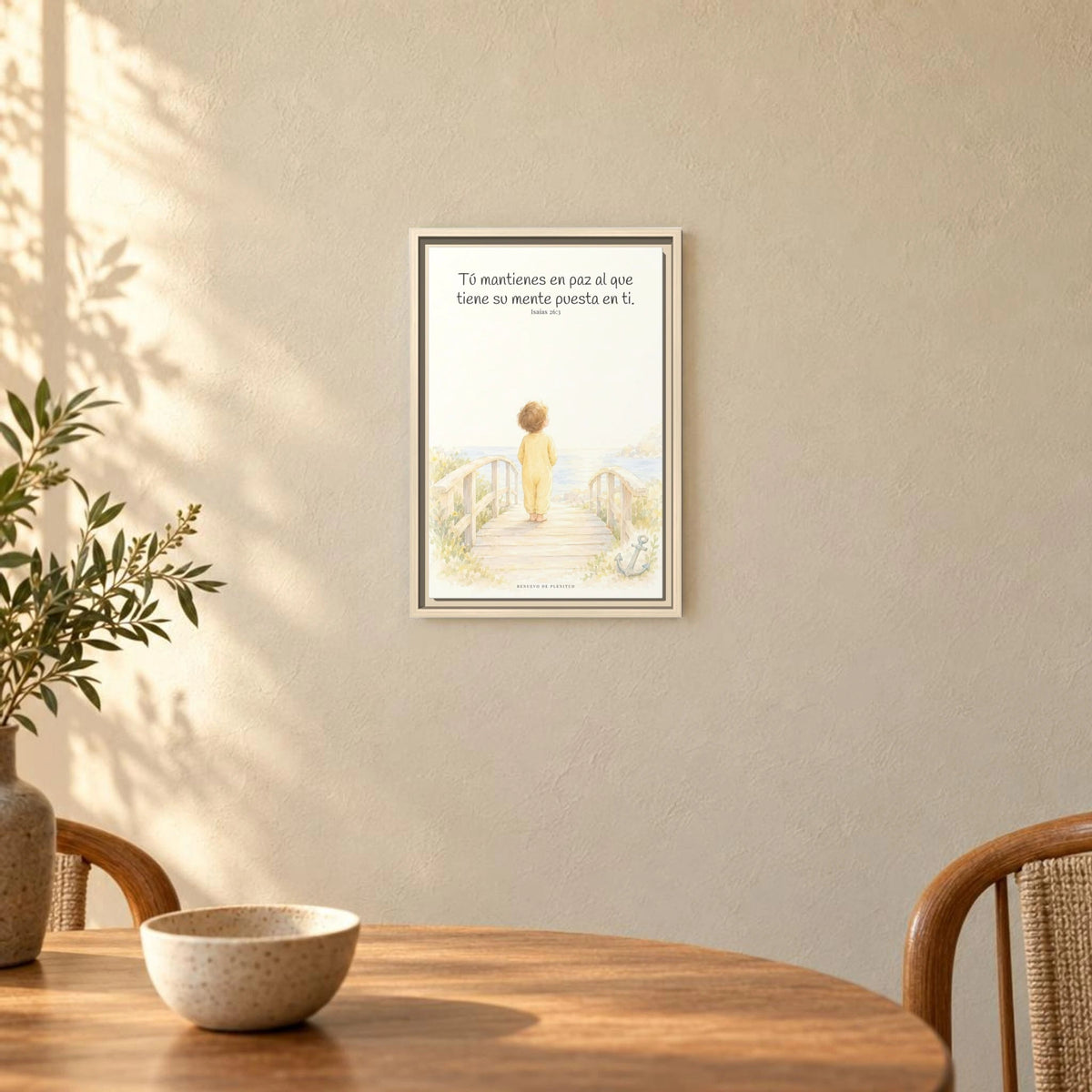 El Señor me sostiene en pensamiento firme — Lienzo Cristiano Enmarcado | Isaías 26:3 — 12×18 pulgadas, marco natural, vista frontal ambiental, escala física calibrada