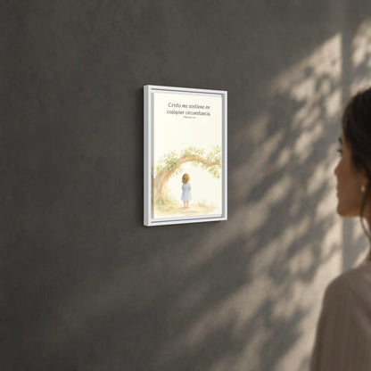 Cristo me sostiene en cualquier circunstancia — Lienzo Cristiano Enmarcado | Filipenses 4:13 — 12×18 pulgadas, marco blanco, vista angular ambiental del marco flotante, escala física calibrada
