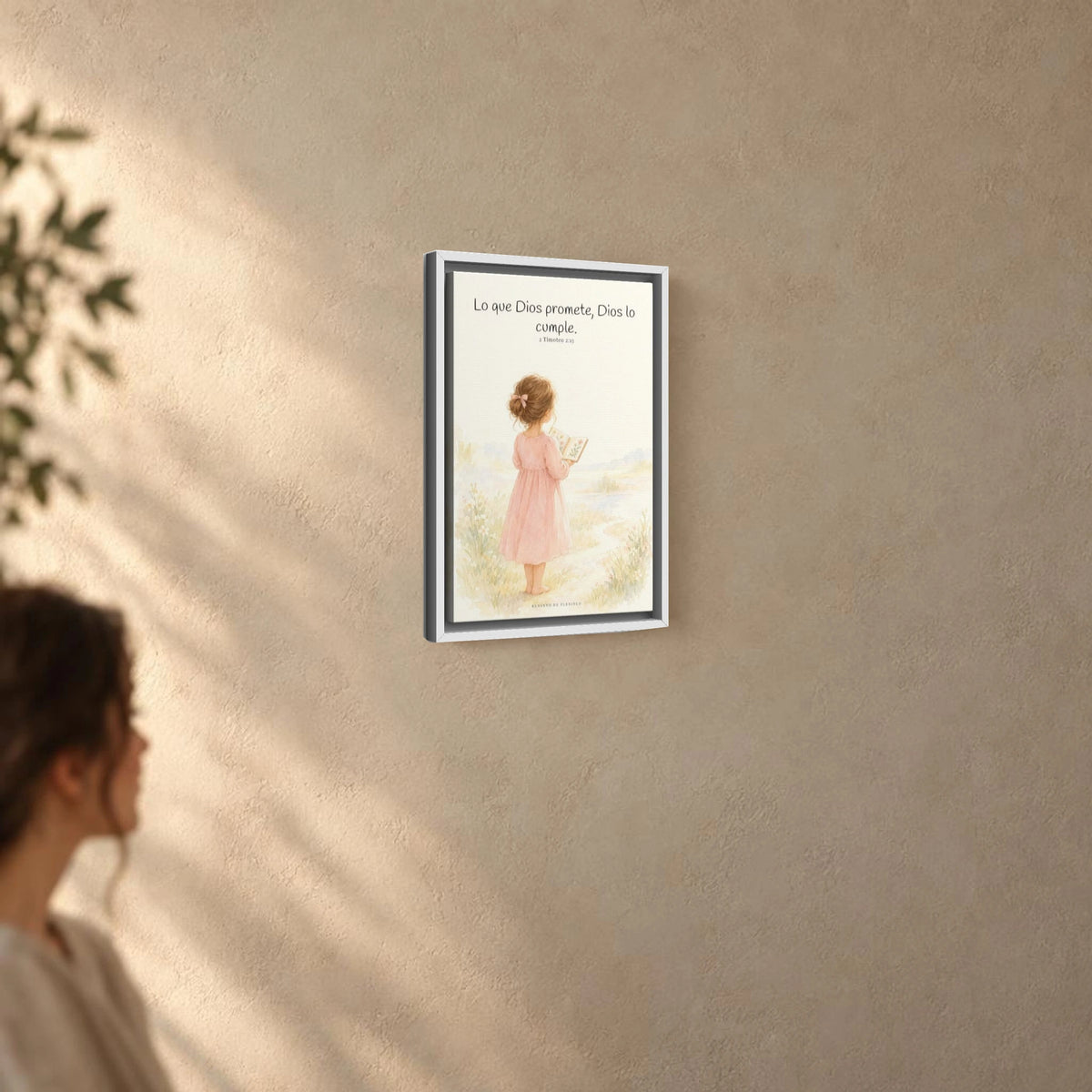 Su palabra no vuelve vacía | Arte de fe en lienzo | 2 Timoteo 2:13 — 12×18 pulgadas, marco blanco, vista angular ambiental del marco flotante, escala física calibrada