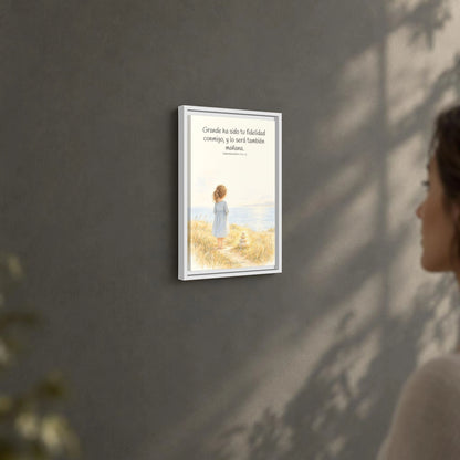 Grande ha sido tu fidelidad, Señor — Lienzo Cristiano Enmarcado | Lamentaciones 3:22-23 — 12×18 pulgadas, marco blanco, vista angular ambiental del marco flotante, escala física calibrada
