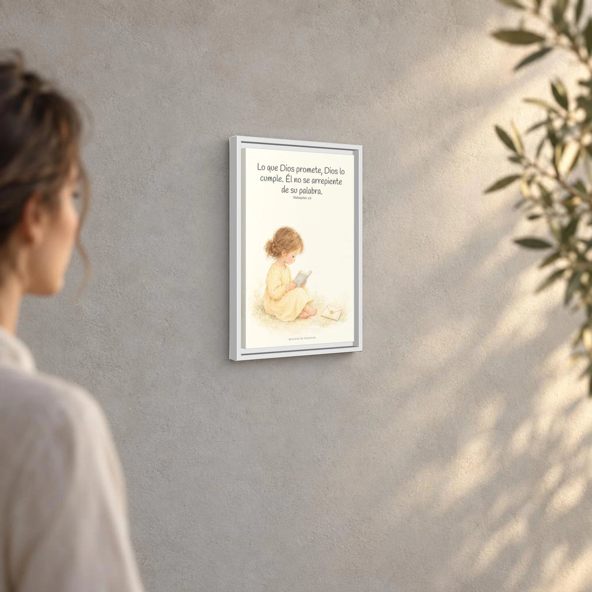 Jehová es el Dios que mantiene su palabra — Lienzo Cristiano Enmarcado | Malaquías 3:6 — 12×18 pulgadas, marco blanco, vista angular ambiental del marco flotante, escala física calibrada