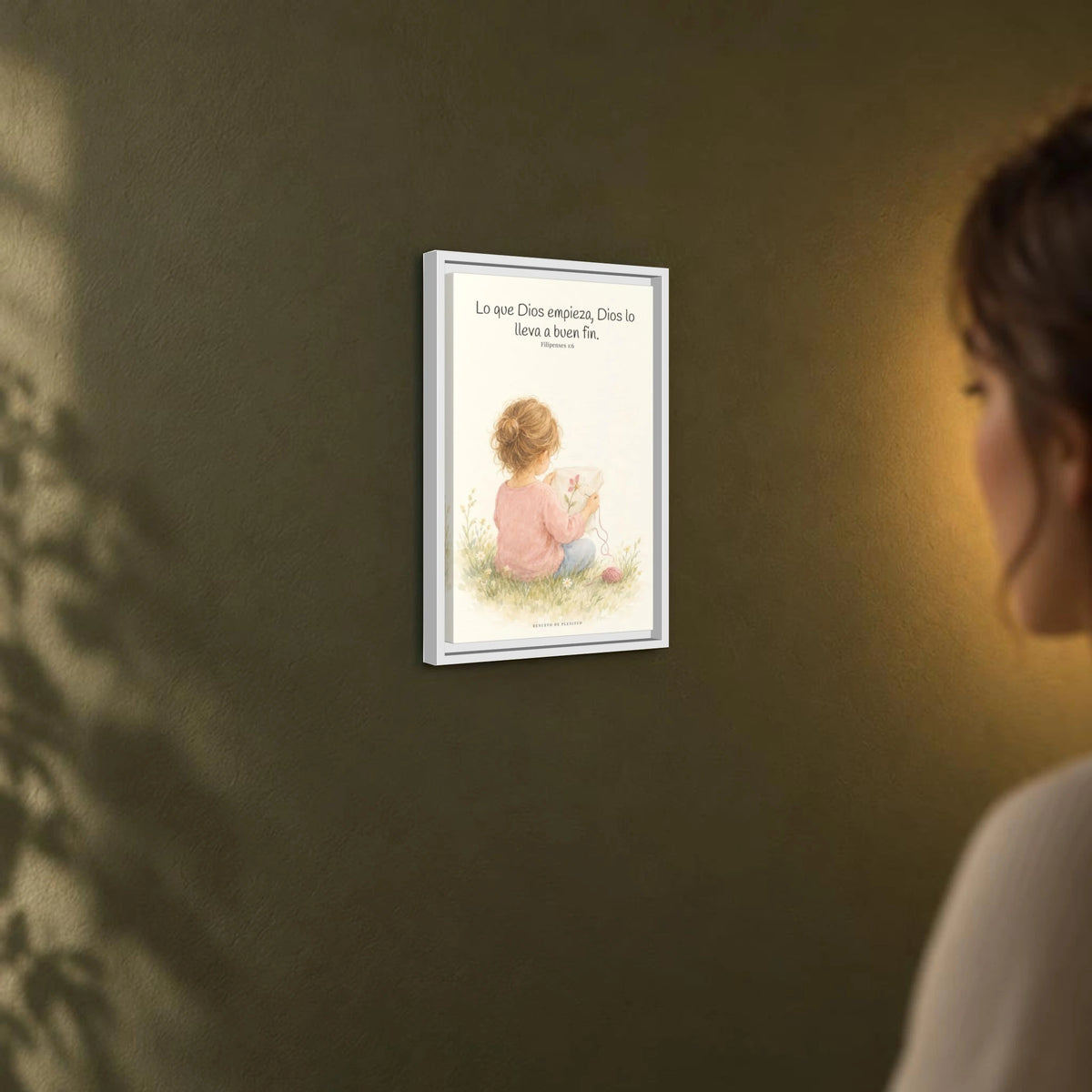 Dios lleva a buen fin la obra que empezó | Cuadro de fe enmarcado | Filipenses 1:6 — 12×18 pulgadas, marco blanco, vista angular ambiental del marco flotante, escala física calibrada