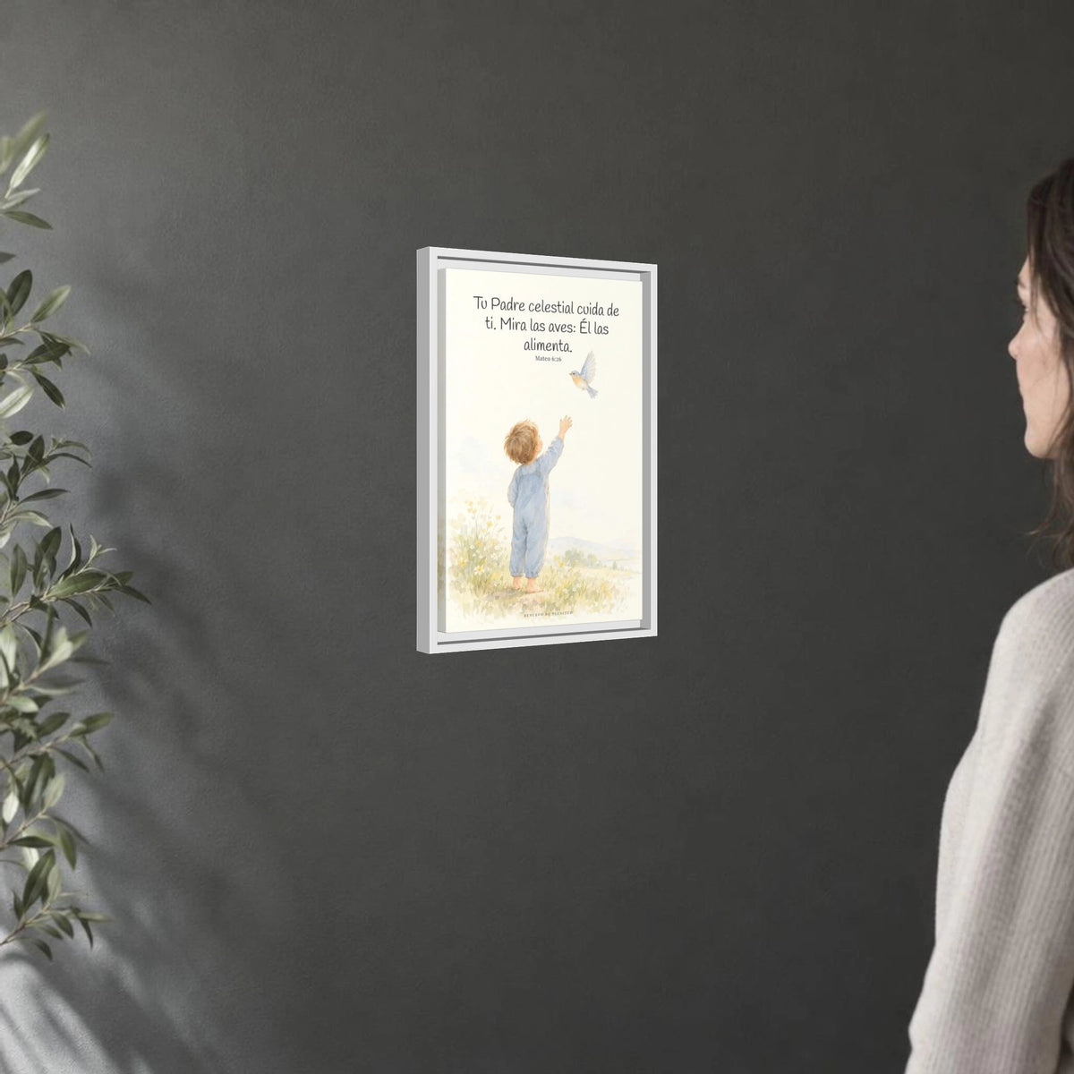 Tu Padre celestial cuida de mí — Lienzo Cristiano Enmarcado | Mateo 6:26 — 12×18 pulgadas, marco blanco, vista angular ambiental del marco flotante, escala física calibrada