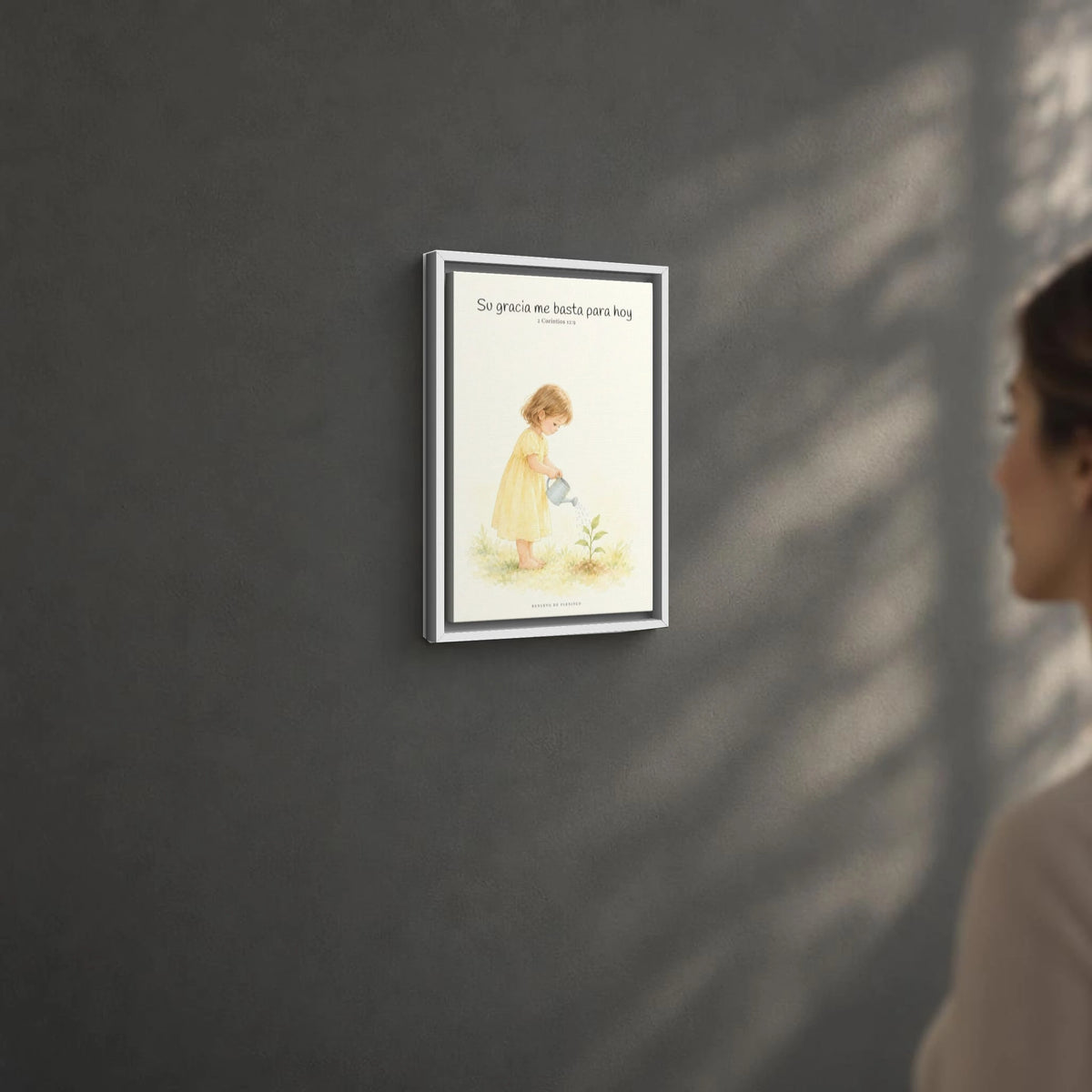 Su gracia me basta para hoy | Decoración de fe para pared | 2 Corintios 12:9 — 12×18 pulgadas, marco blanco, vista angular ambiental del marco flotante, escala física calibrada
