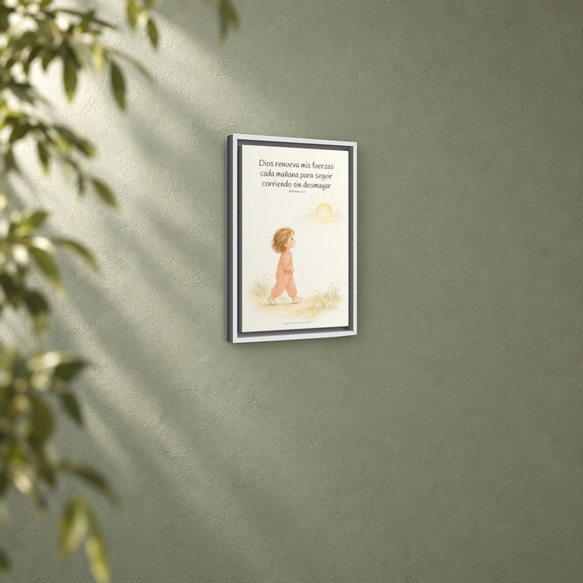 Dios me da nuevas fuerzas cada mañana | Decoración de fe para pared | Hebreos 12:1 — 12×18 pulgadas, marco blanco, vista angular ambiental del marco flotante, escala física calibrada