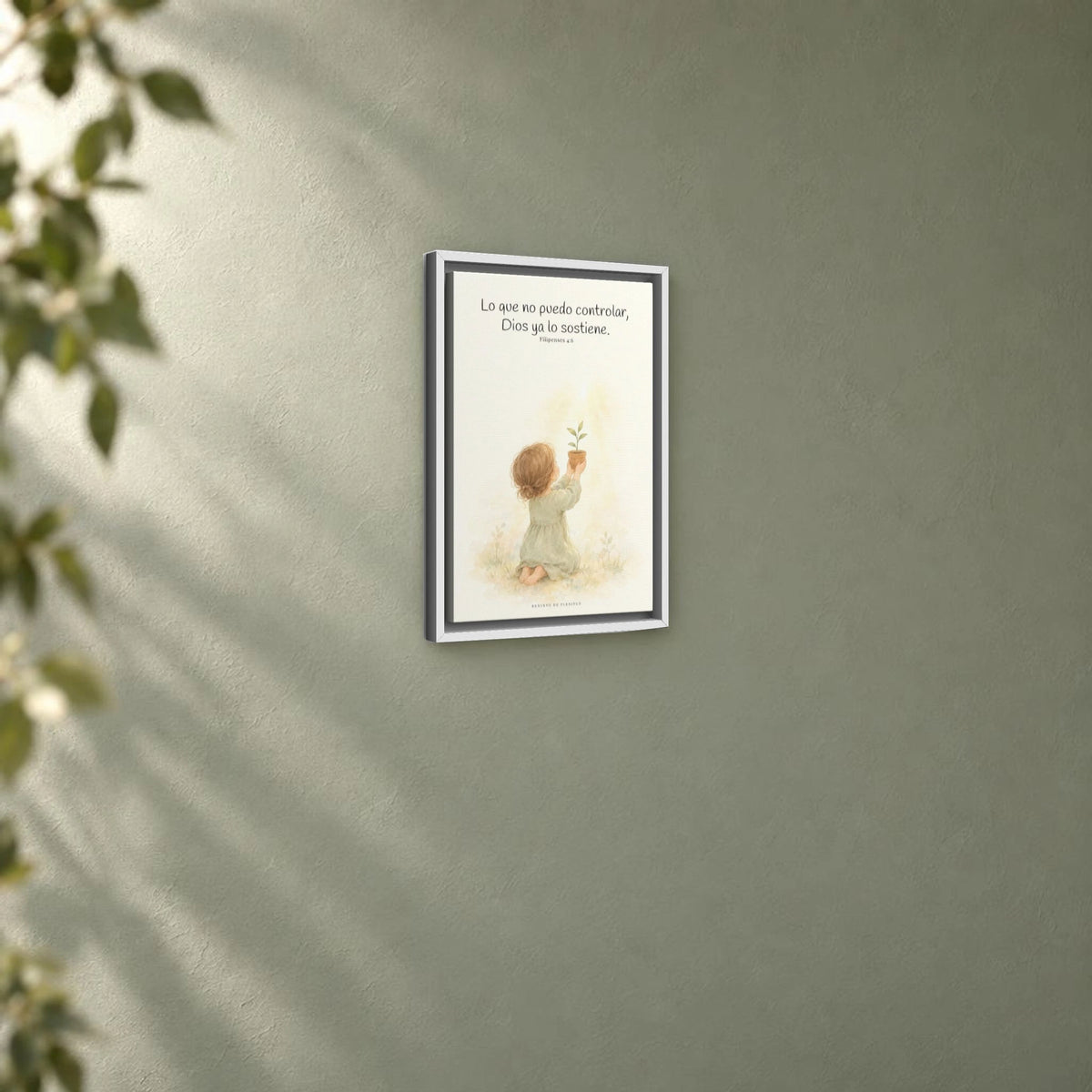 Dios cuida lo que yo no puedo controlar | Decoración de fe para pared | Filipenses 4:6 — 12×18 pulgadas, marco blanco, vista angular ambiental del marco flotante, escala física calibrada
