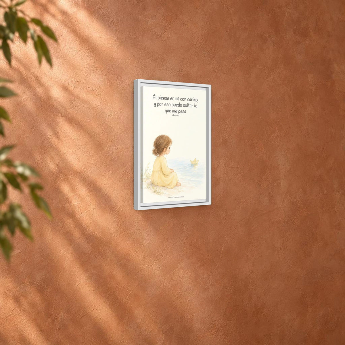 Echa Toda Tu Ansiedad Sobre Dios — Lienzo Cristiano Enmarcado | 1 Pedro 5:7 — 12×18 pulgadas, marco blanco, vista angular ambiental del marco flotante, escala física calibrada