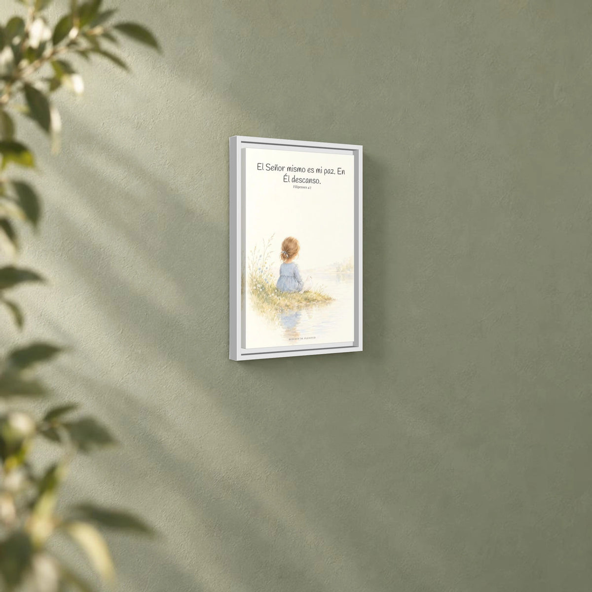 El Señor mismo es mi paz — Lienzo Cristiano Enmarcado | Filipenses 4:7 — 12×18 pulgadas, marco blanco, vista angular ambiental del marco flotante, escala física calibrada