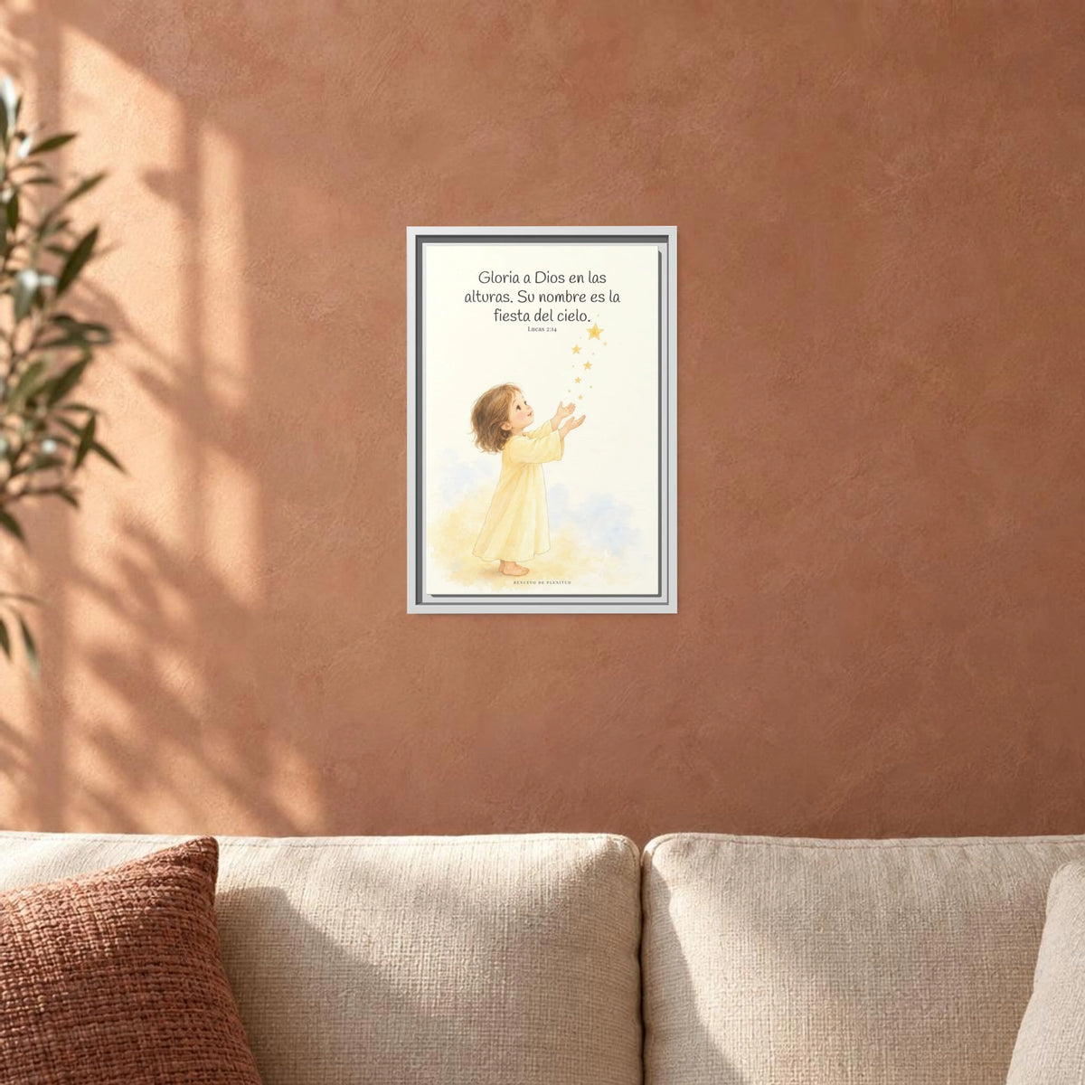 El cielo entero da gloria a Dios | Decoración de fe para pared | Lucas 2:14 — 12×18 pulgadas, marco blanco, vista frontal ambiental, escala física calibrada