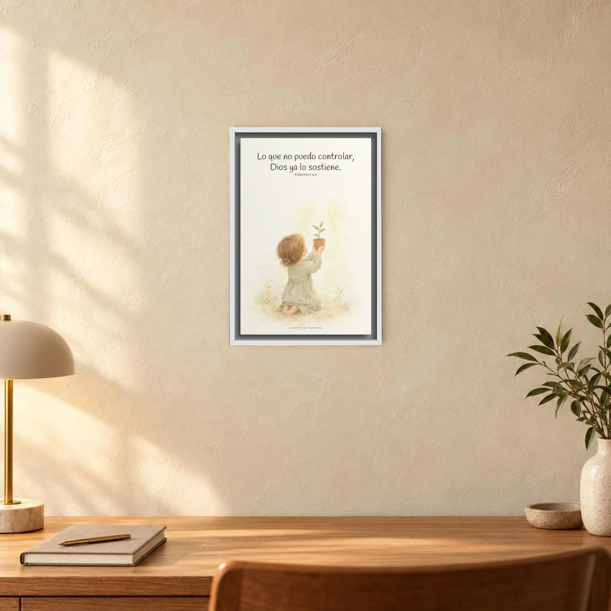 Dios cuida lo que yo no puedo controlar | Decoración de fe para pared | Filipenses 4:6 — 12×18 pulgadas, marco blanco, vista frontal ambiental, escala física calibrada