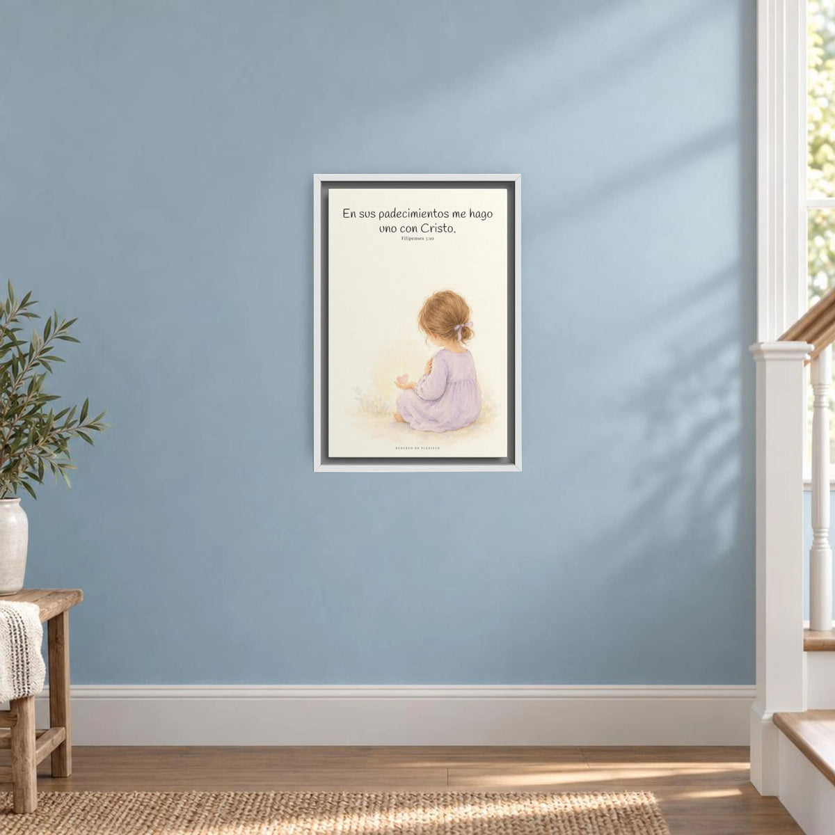 Participar de sus padecimientos me acerca a Él | Arte bíblico para pared | Filipenses 3:10 — 12×18 pulgadas, marco blanco, vista frontal ambiental, escala física calibrada