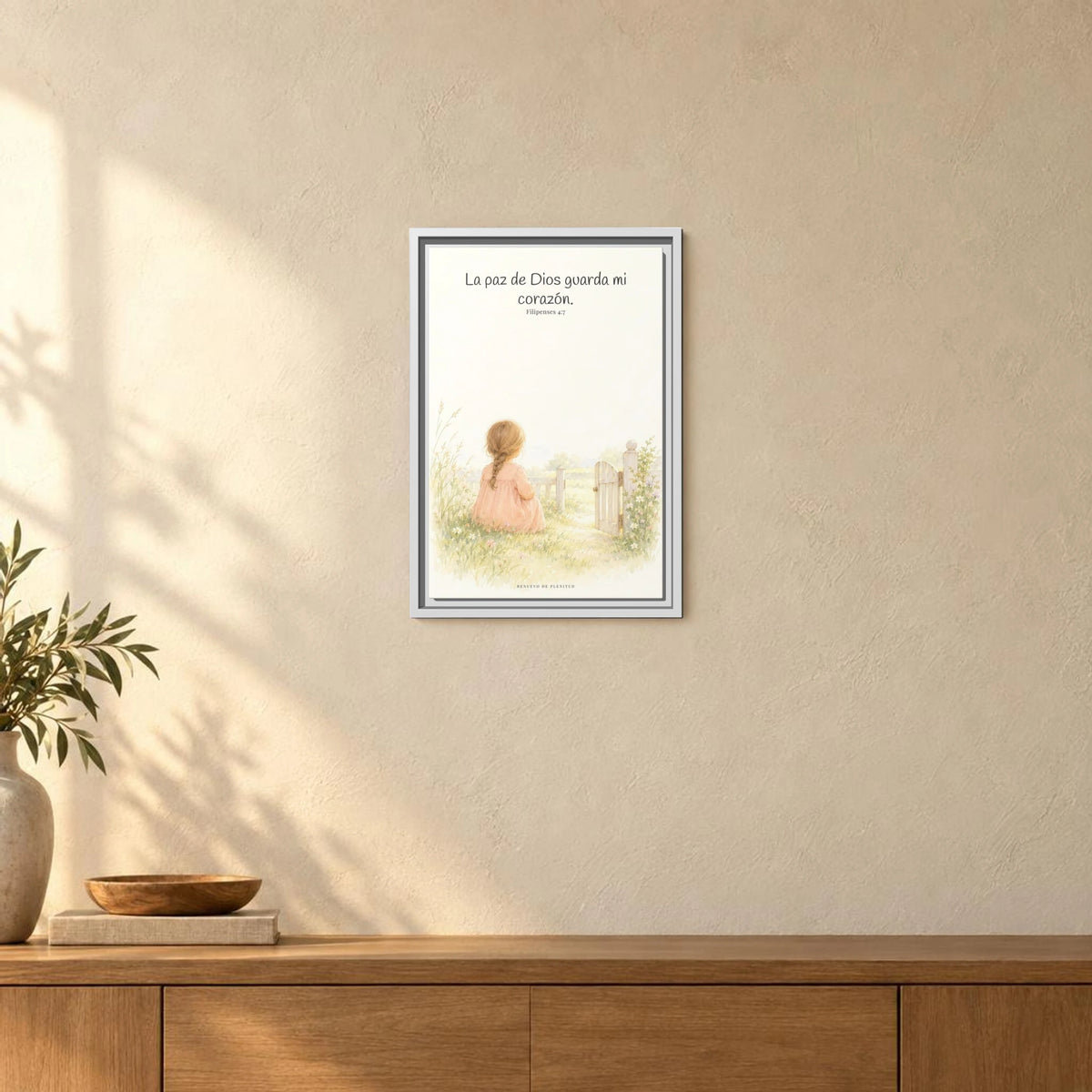 La paz de Dios guardará mi corazón — Lienzo Cristiano Enmarcado | Filipenses 4:7 — 12×18 pulgadas, marco blanco, vista frontal ambiental, escala física calibrada