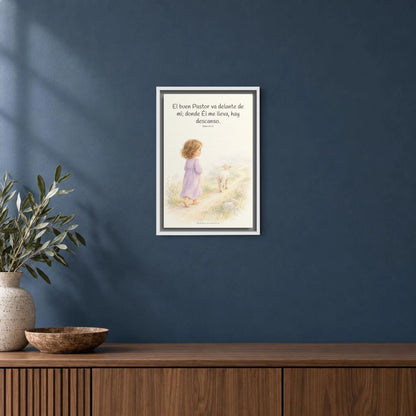 El buen Pastor va delante de mí | Decoración de fe para pared | Juan 10:27 — 12×18 pulgadas, marco blanco, vista frontal ambiental, escala física calibrada