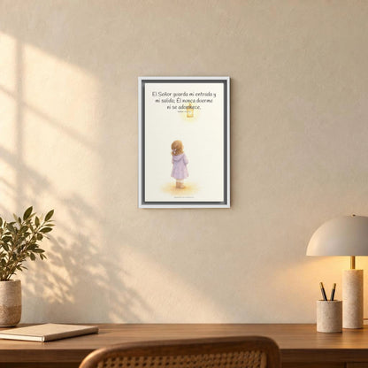 El Señor guarda mi entrada y mi salida | Decoración de fe para pared | Salmo 121:1-2 — 12×18 pulgadas, marco blanco, vista frontal ambiental, escala física calibrada