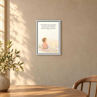 El día habla de la grandeza de Dios | Lienzo cristiano decorativo | Salmo 19:1 — 12×18 pulgadas, marco blanco, vista frontal ambiental, escala física calibrada