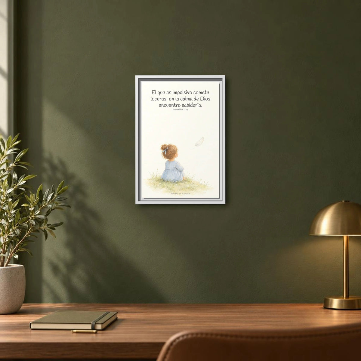 La prisa del corazón no agrada a Dios | Decoración cristiana enmarcada | Proverbios 14:29 — 12×18 pulgadas, marco blanco, vista frontal ambiental, escala física calibrada