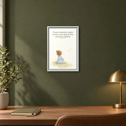 La prisa del corazón no agrada a Dios | Decoración cristiana enmarcada | Proverbios 14:29 — 12×18 pulgadas, marco blanco, vista frontal ambiental, escala física calibrada
