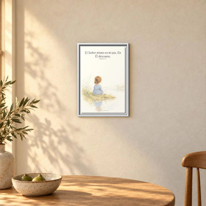 El Señor mismo es mi paz — Lienzo Cristiano Enmarcado | Filipenses 4:7 — 12×18 pulgadas, marco blanco, vista frontal ambiental, escala física calibrada