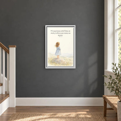 Mi esperanza está firme en Jesús — Lienzo Cristiano Enmarcado | Mateo 7:24 — 12×18 pulgadas, marco blanco, vista frontal ambiental, escala física calibrada
