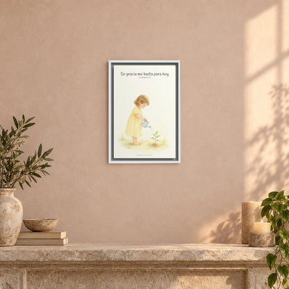 Su gracia me basta para hoy | Decoración de fe para pared | 2 Corintios 12:9 — 12×18 pulgadas, marco blanco, vista frontal ambiental, escala física calibrada