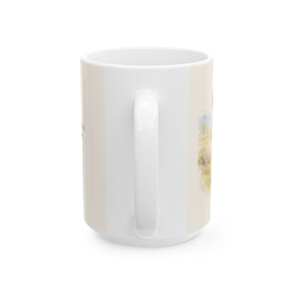 Mis ovejas oyen mi voz | Taza devocional ilustrada | Juan 10:27 — 15 oz · Vista posterior