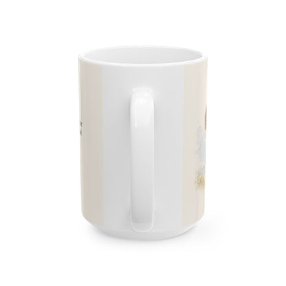 El Espíritu ora por mí cuando no tengo palabras | Taza bíblica de cerámica | Romanos 8:26 — 15 oz · Vista posterior