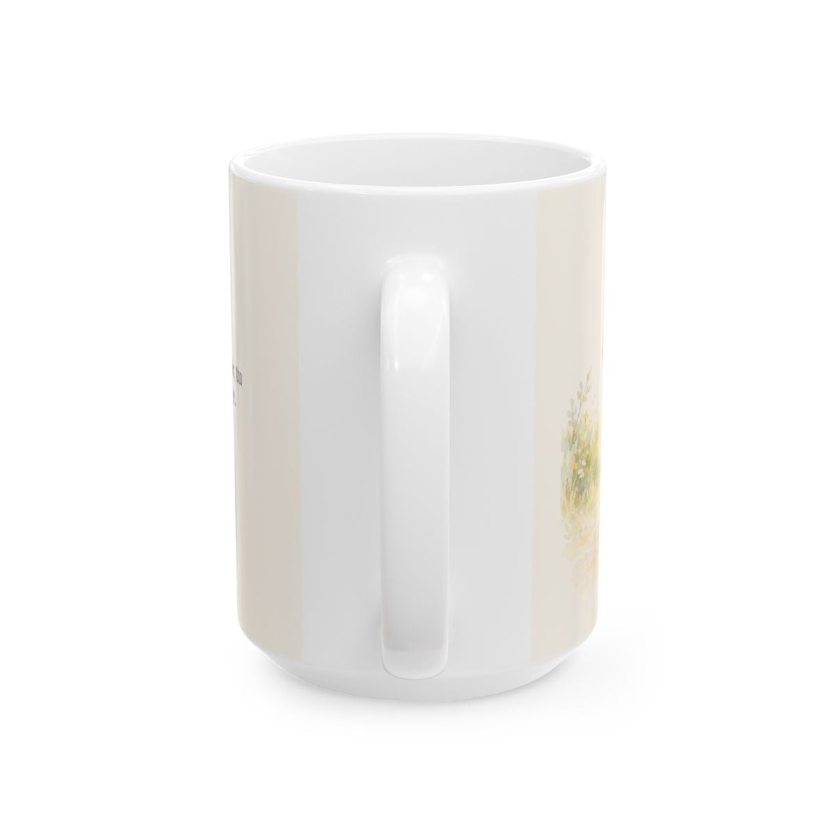 Jehová fortalece tu corazón | Taza bíblica para café | Salmo 27:14 — 15 oz · Vista posterior