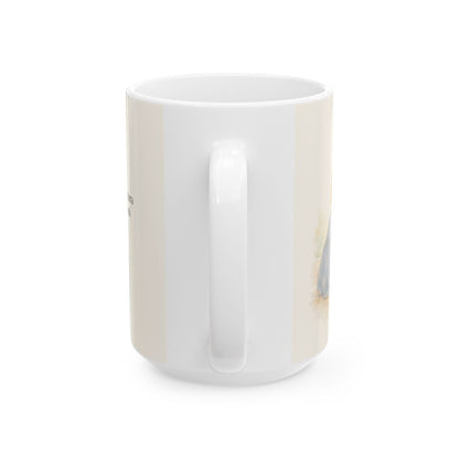 Cristo vive para siempre y nunca más muere | Taza de fe para cada mañana | Romanos 6:9 — 15 oz · Vista posterior