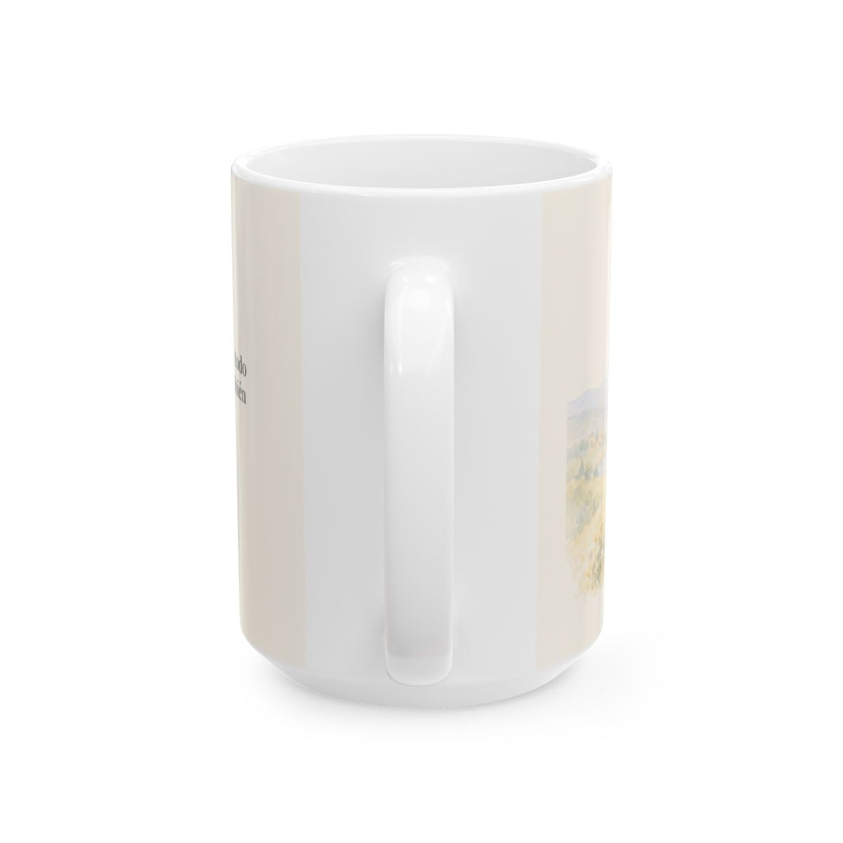 El Señor es tierno con todo lo que ha hecho | Taza bíblica de cerámica | Salmo 145:9 — 15 oz · Vista posterior