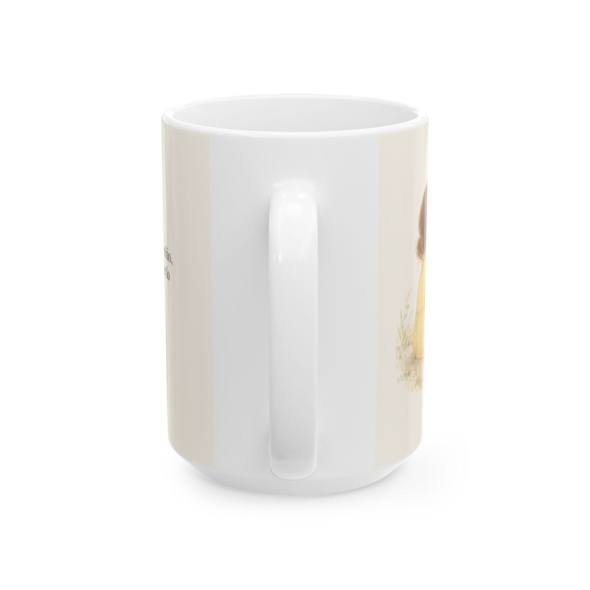 Él piensa en mí con cariño | Taza cristiana para regalar | 1 Pedro 5:7 — 15 oz · Vista posterior
