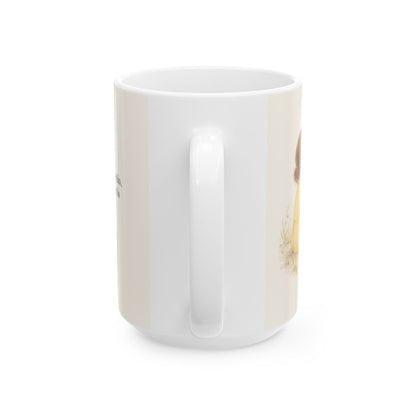 Él piensa en mí con cariño | Taza cristiana para regalar | 1 Pedro 5:7 — 15 oz · Vista posterior